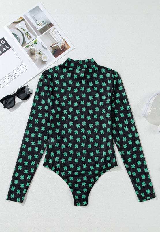 Lucky Clover Mock Neck Long Sleeve Bodysuit - Trendsi - Flyclothing LLC