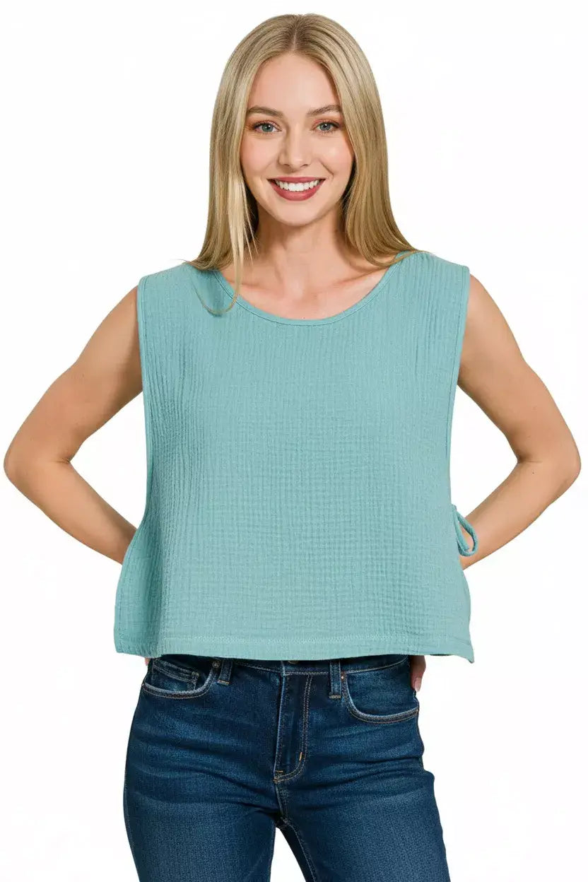 Zenana Double Gauze Side Tie Sleeveless Top - Trendsi - Flyclothing LLC