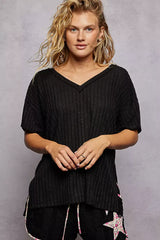 POL Ribbed Knit V-Neck Short Sleeve T-Shirt - Trendsi - Flyclothing LLC
