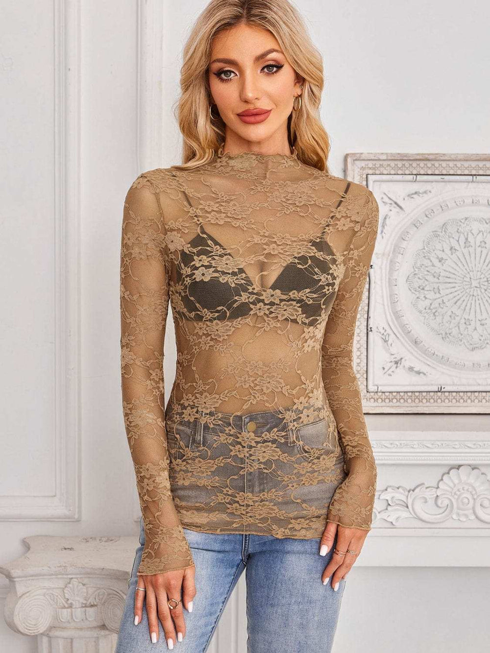 Mock Neck Long Sleeve Lace Sheer Top - Trendsi - Flyclothing LLC