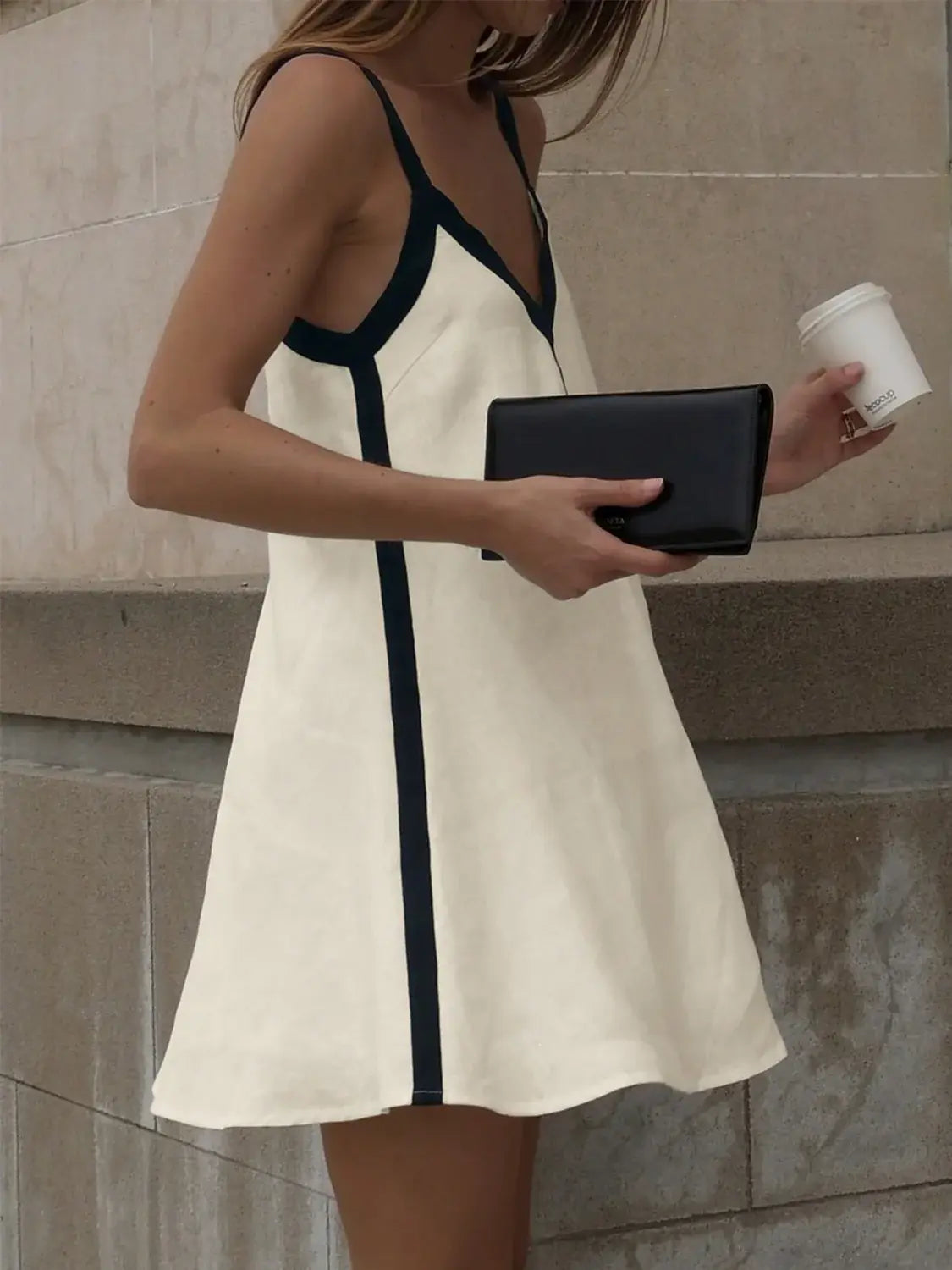 Contrast Trim V-Neck Mini Cami Dress - Trendsi - Flyclothing LLC