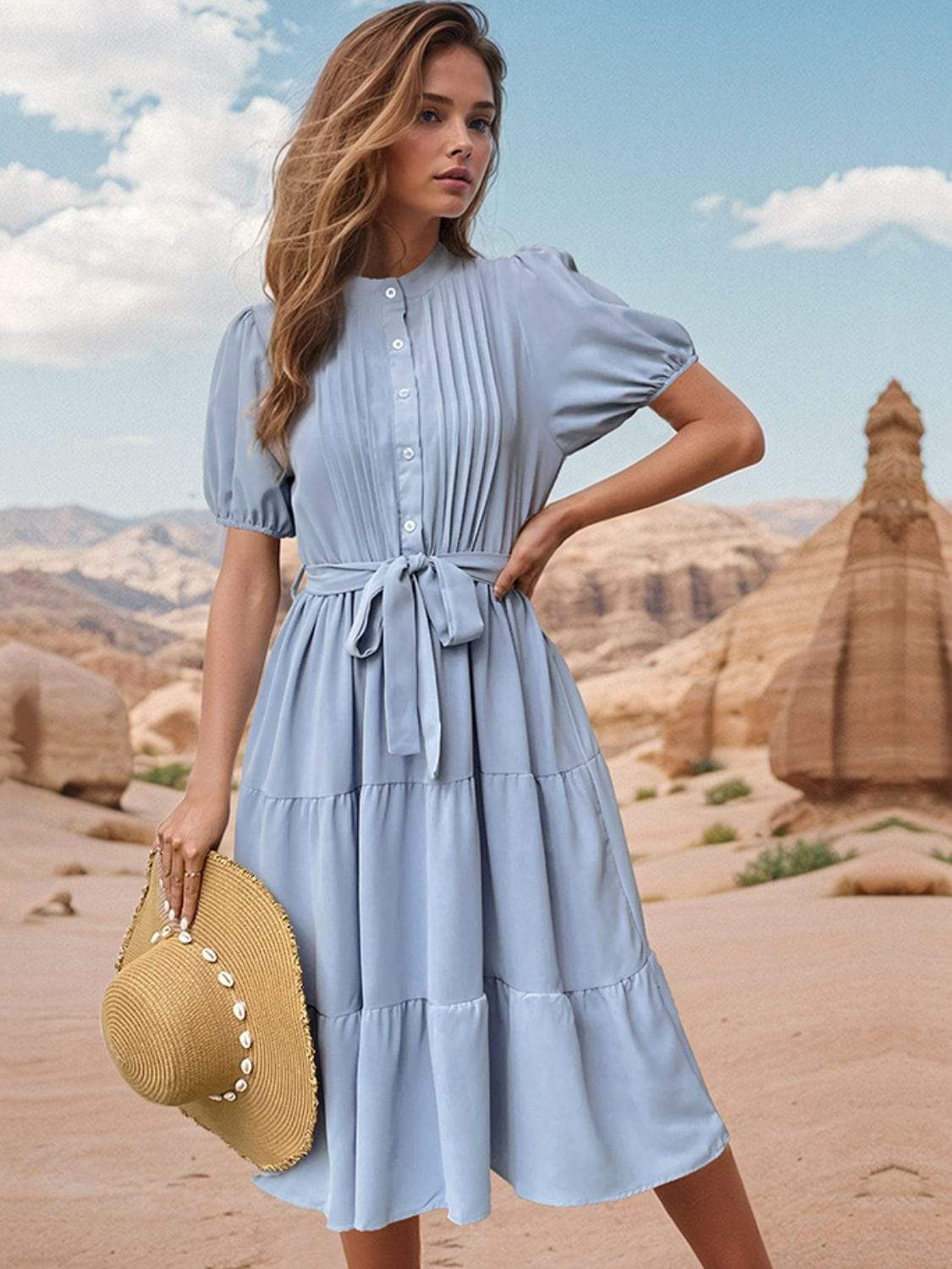 Tie Waist Puff Sleeve Midi Dress - Trendsi - Flyclothing LLC