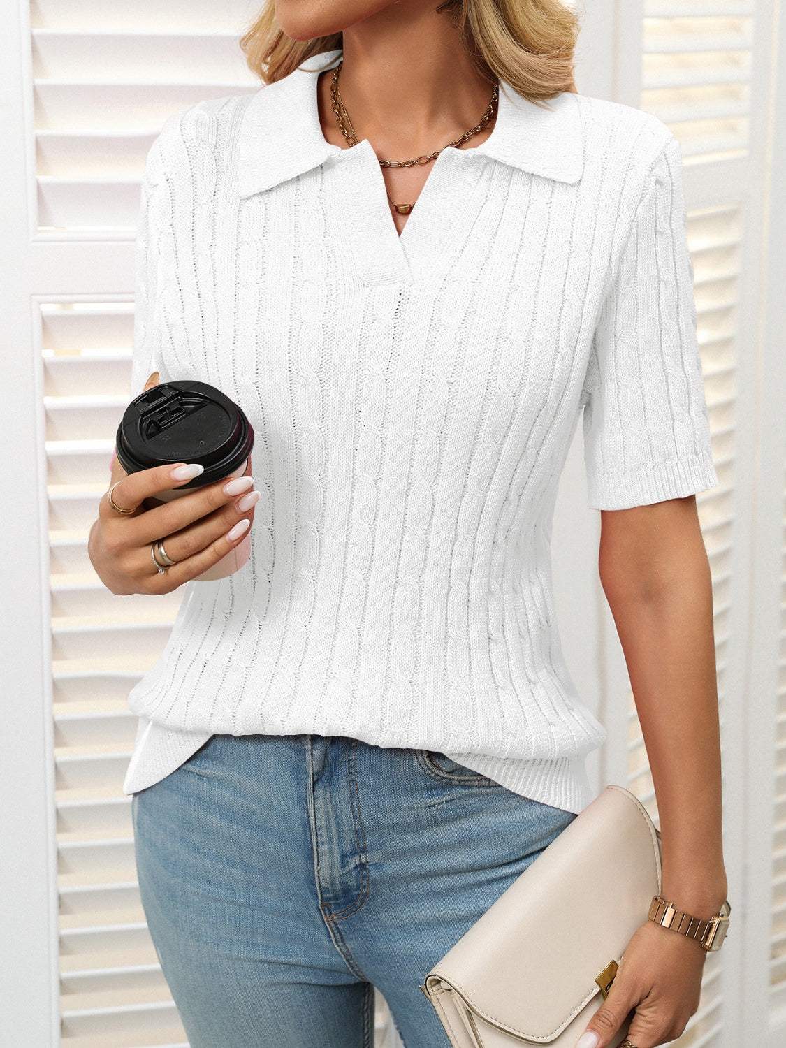 Mandy Cable Knit Johnny Collar Half Sleeve Sweater - Trendsi - Flyclothing LLC