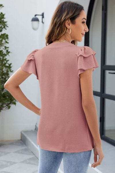 Ruffled Notched Short Sleeve Blouse - Trendsi - Flyclothing LLC