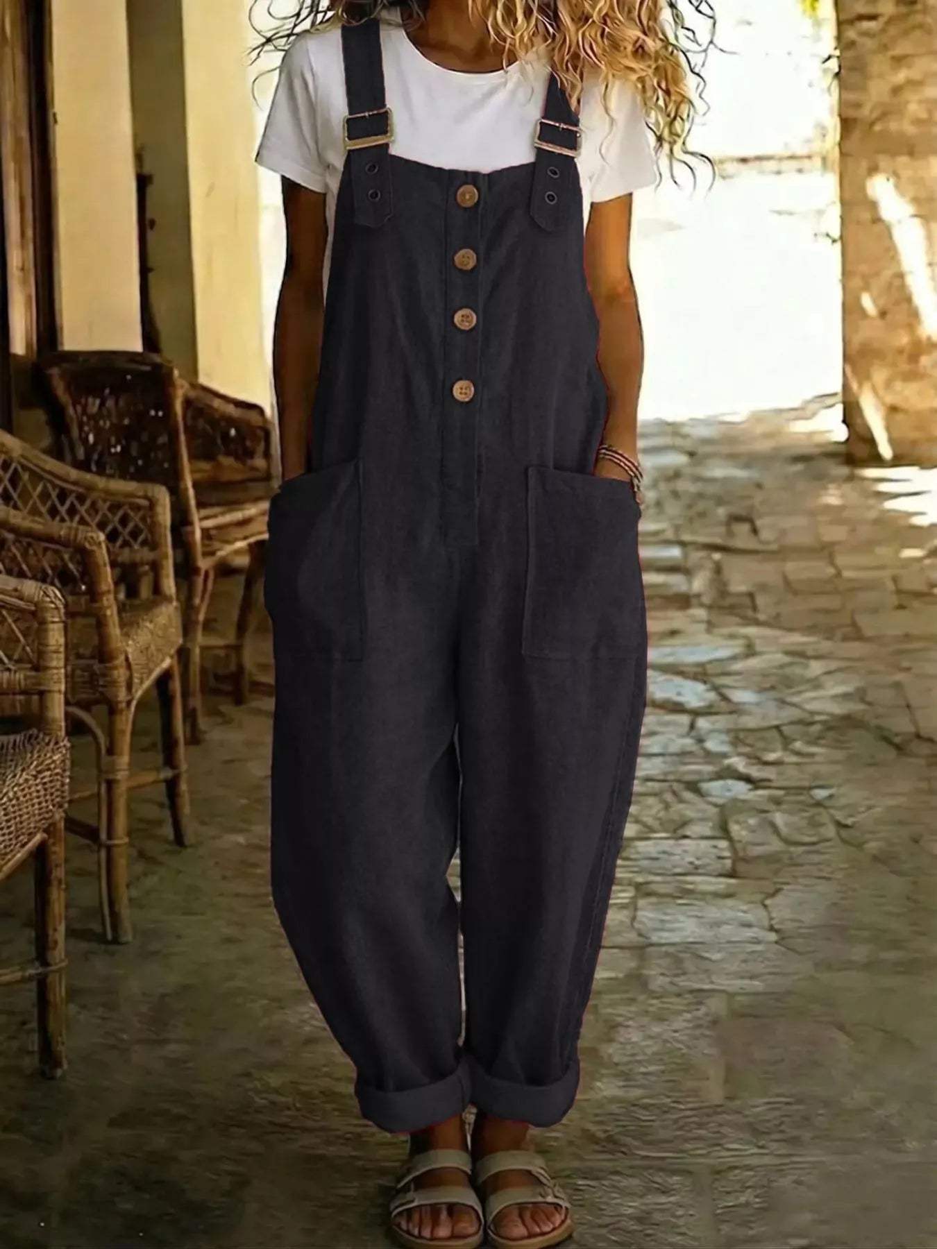 Casual Button Front Wide Leg Overalls - Trendsi - Flyclothing LLC