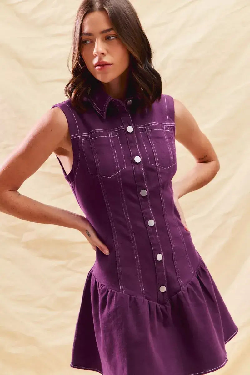 SO ME Button Down Sleeveless Collared Game Day Mini Dress - Trendsi - Flyclothing LLC