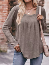 Pleated Square Neck Long Sleeve T-Shirt - Trendsi - Flyclothing LLC
