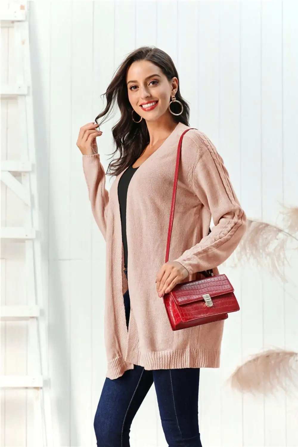 Cable-Knit Open Front Long Sleeve Cardigan - Trendsi - Flyclothing LLC