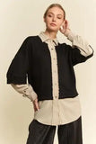 Davi & Dani Faux Layered French Terry Contrast Top - Trendsi