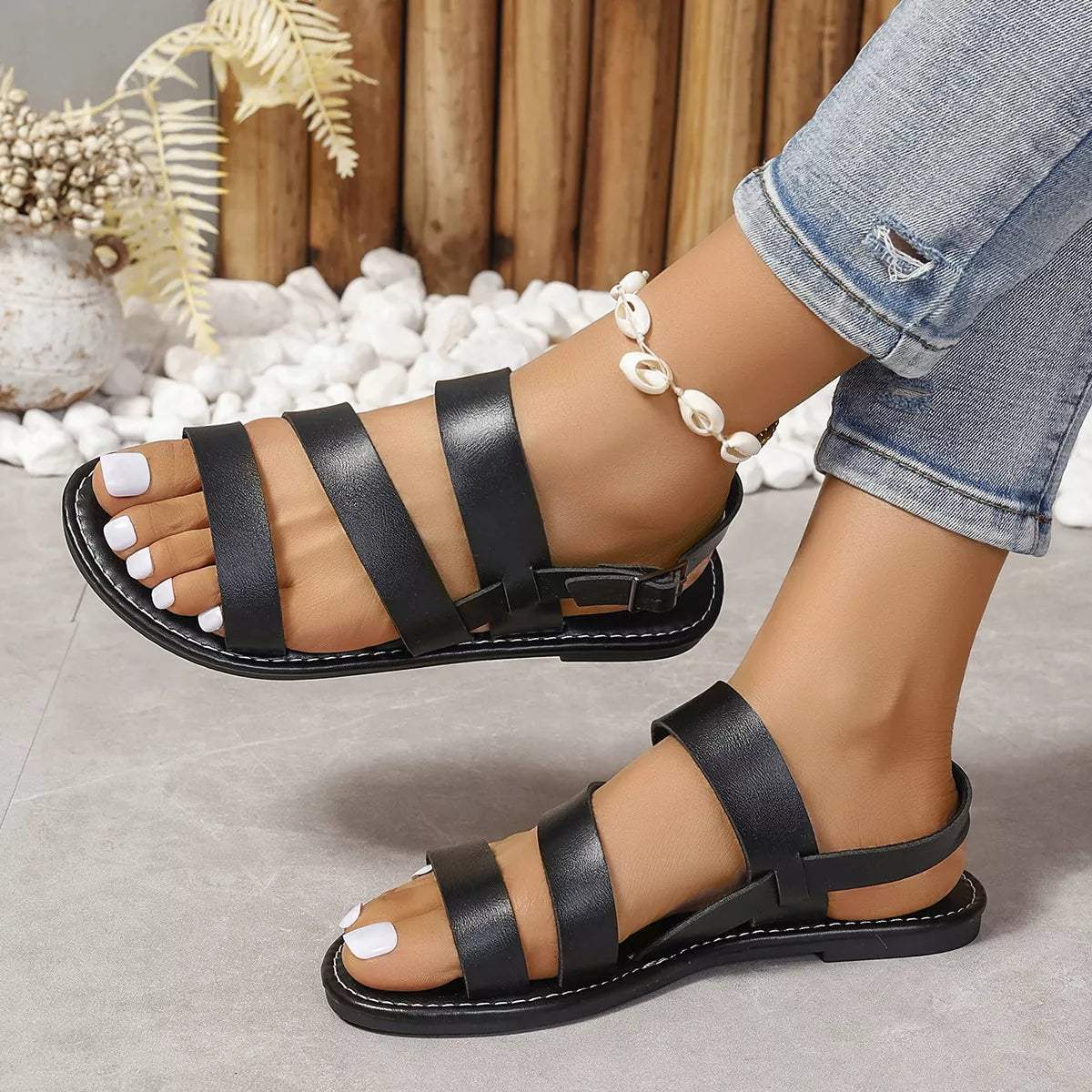 Open Toe Flats Sandals - Trendsi - Flyclothing LLC
