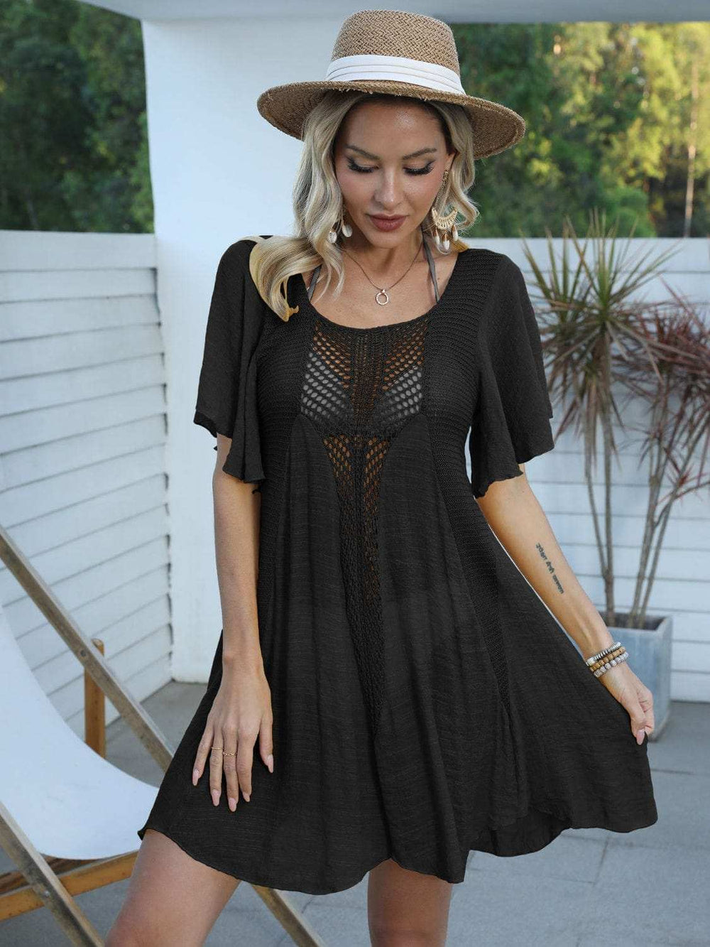 Openwork Flutter Sleeve Cover-Up Dress - Trendsi - Flyclothing LLC