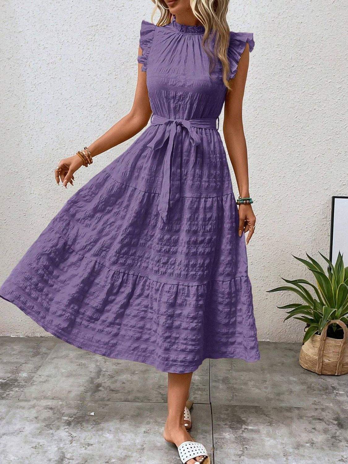 Tied Ruffled Cap Sleeve Midi Dress - Trendsi - Flyclothing LLC