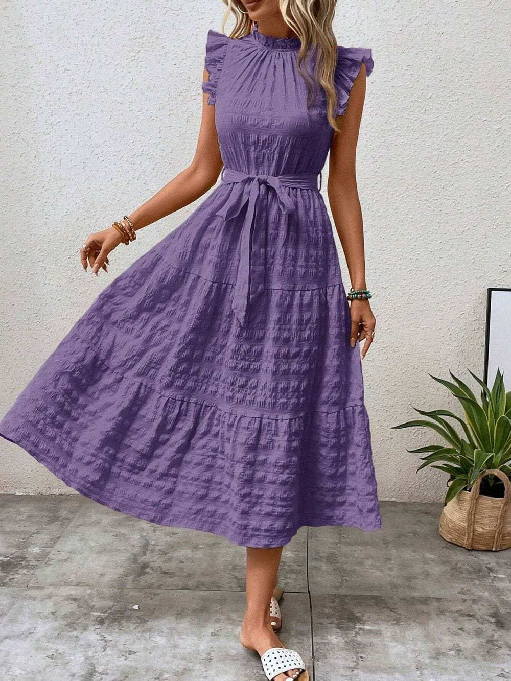 Tied Ruffled Cap Sleeve Midi Dress - Trendsi - Flyclothing LLC