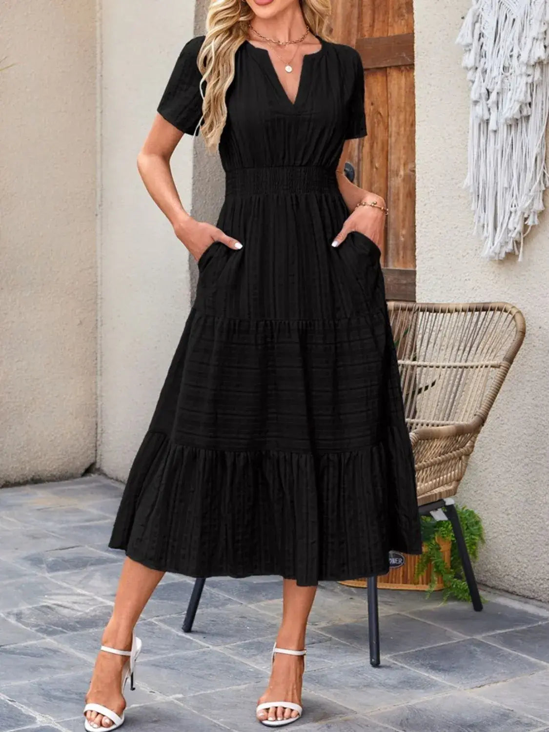 Tiered Notched Short Sleeve Dress - Trendsi - Flyclothing LLC