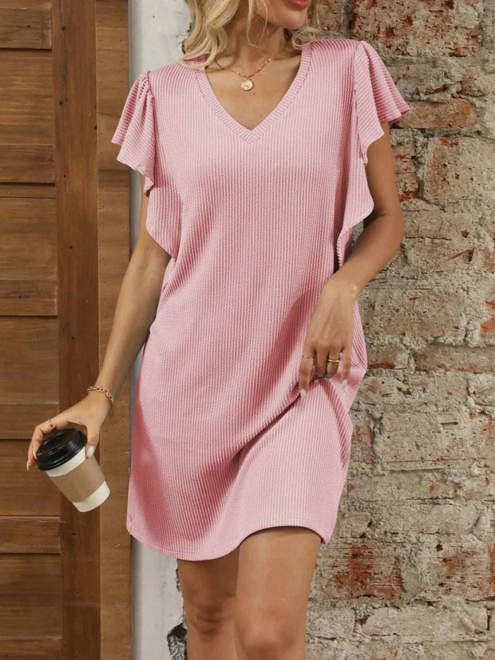 Ruffled V-Neck Cap Sleeve Mini Dress - Trendsi - Flyclothing LLC