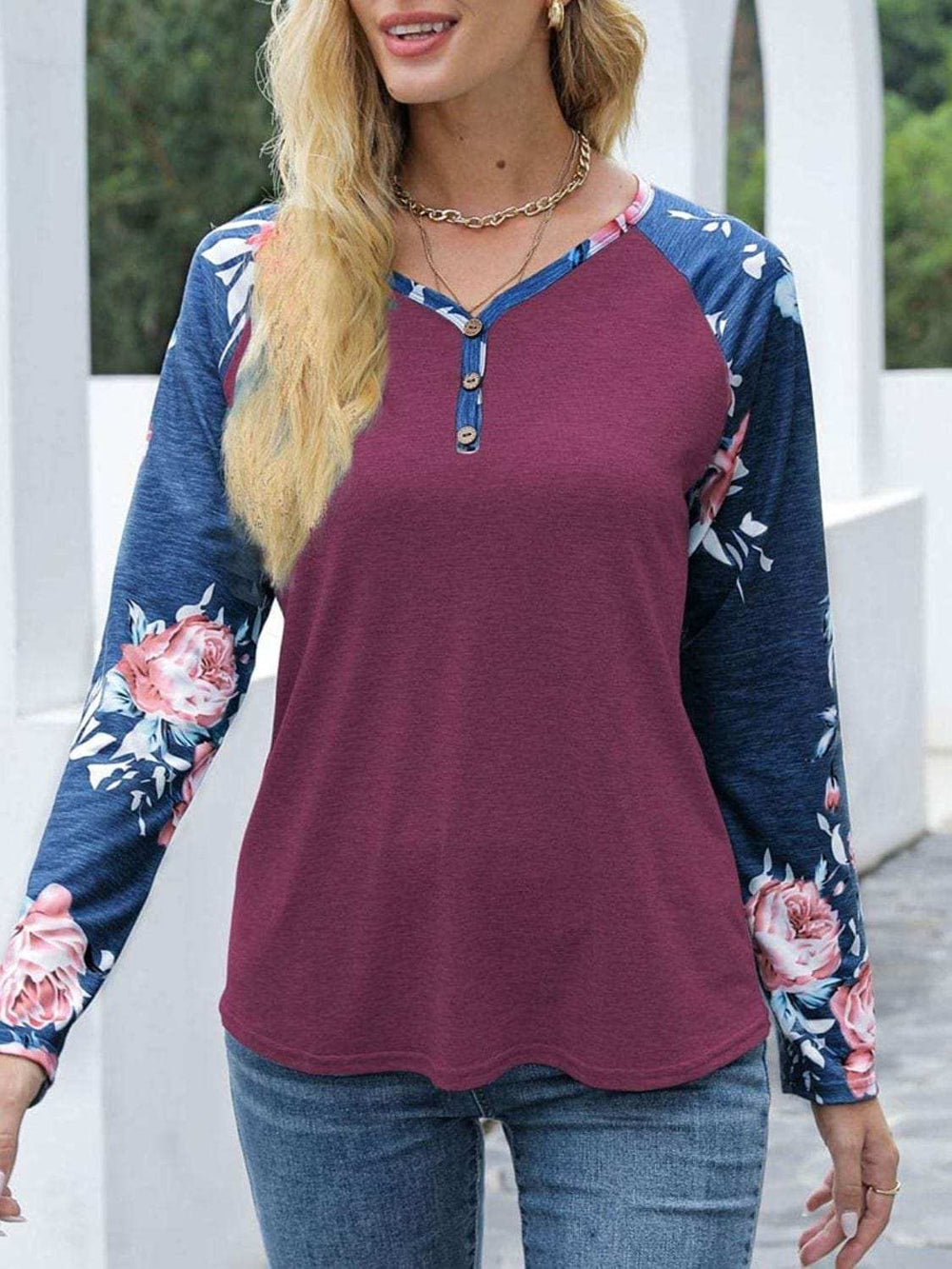 V-Neck Floral Long Sleeve T-Shirt - Trendsi - Flyclothing LLC
