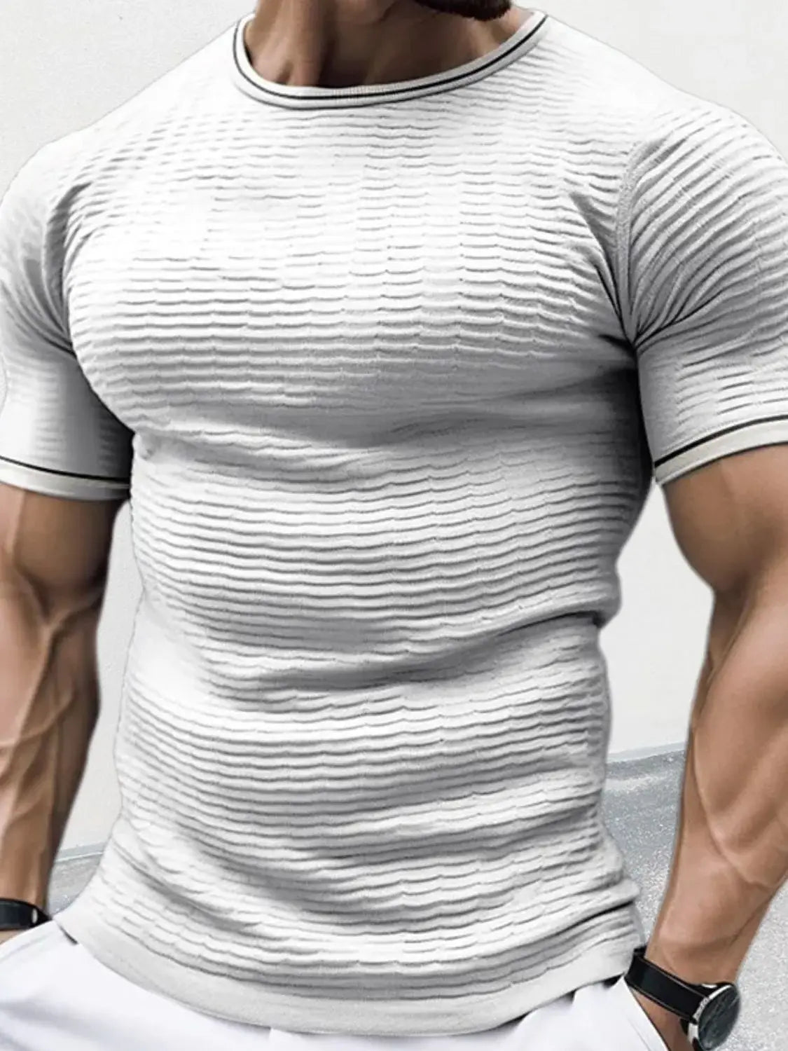 Men's Plus Size Texture Round Neck Contrast Trim T-Shirt - Trendsi - Flyclothing LLC