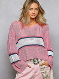 POL V-Neck Striped Pattern Cropped Knit Top with Cable Knit Detail - Trendsi - Flyclothing LLC