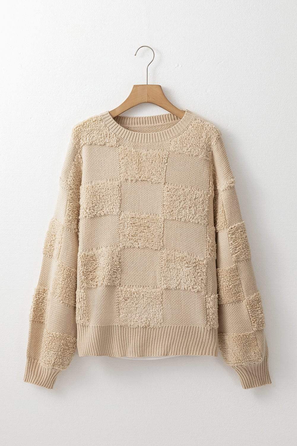 Checkered Round Neck Dropped Shoulder Sweater - Trendsi - Flyclothing LLC