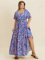 Plus Size Ruched Printed Short Sleeve Dress - Trendsi - Flyclothing LLC