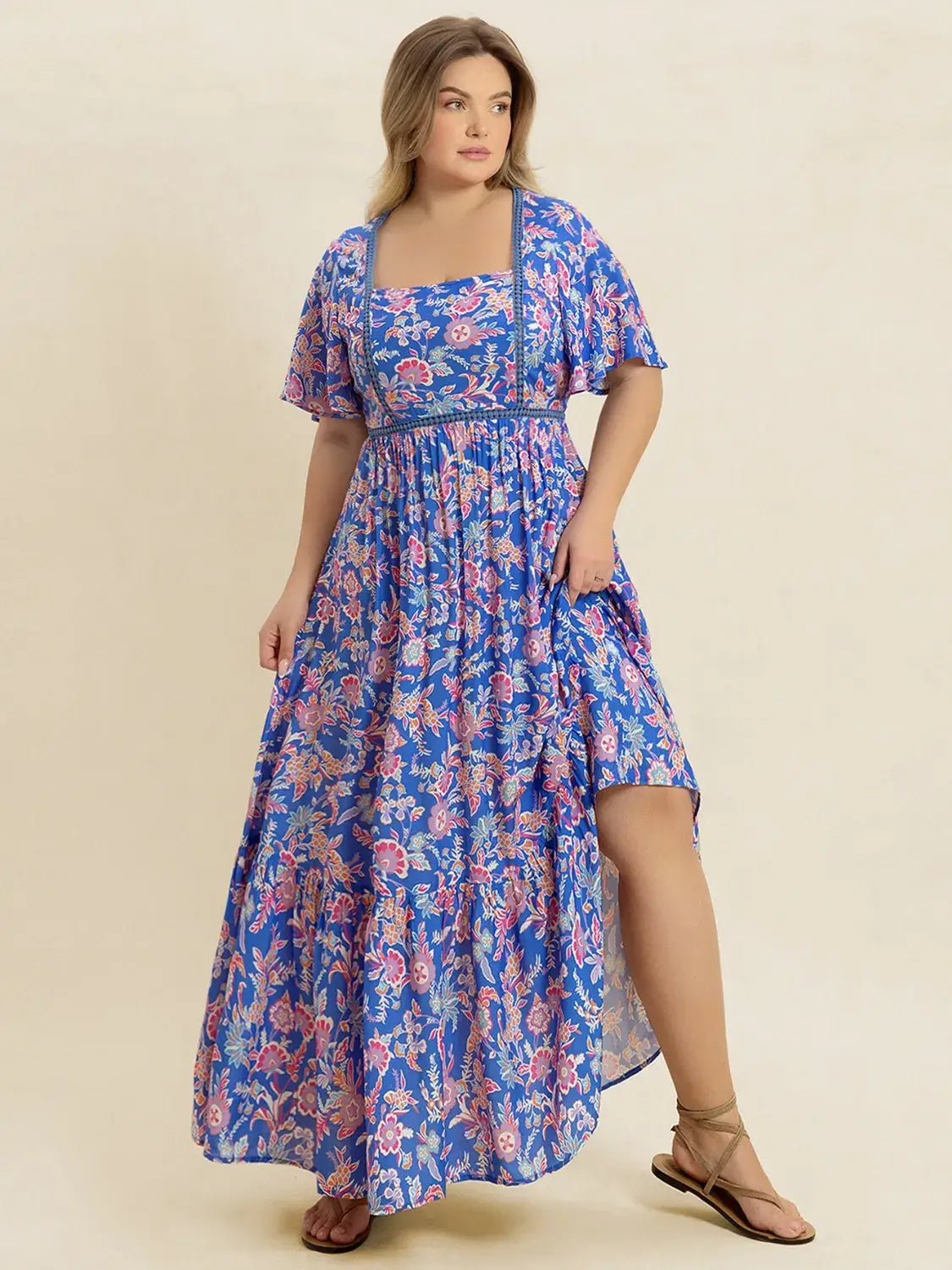 Plus Size Ruched Printed Short Sleeve Dress - Trendsi - Flyclothing LLC