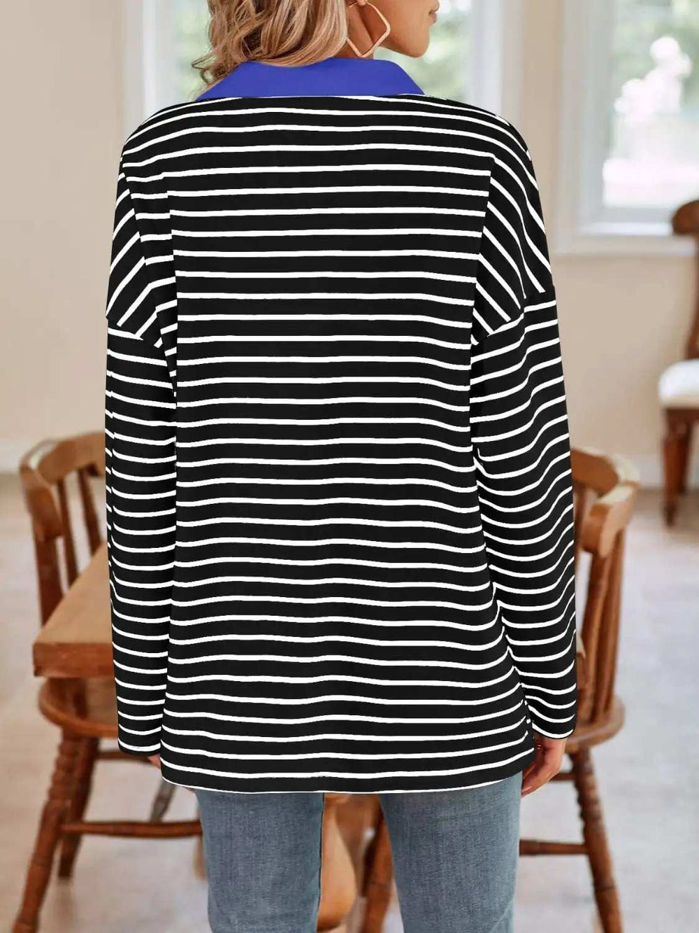 Striped Johnny Collar Long Sleeve T-Shirt - Trendsi - Flyclothing LLC