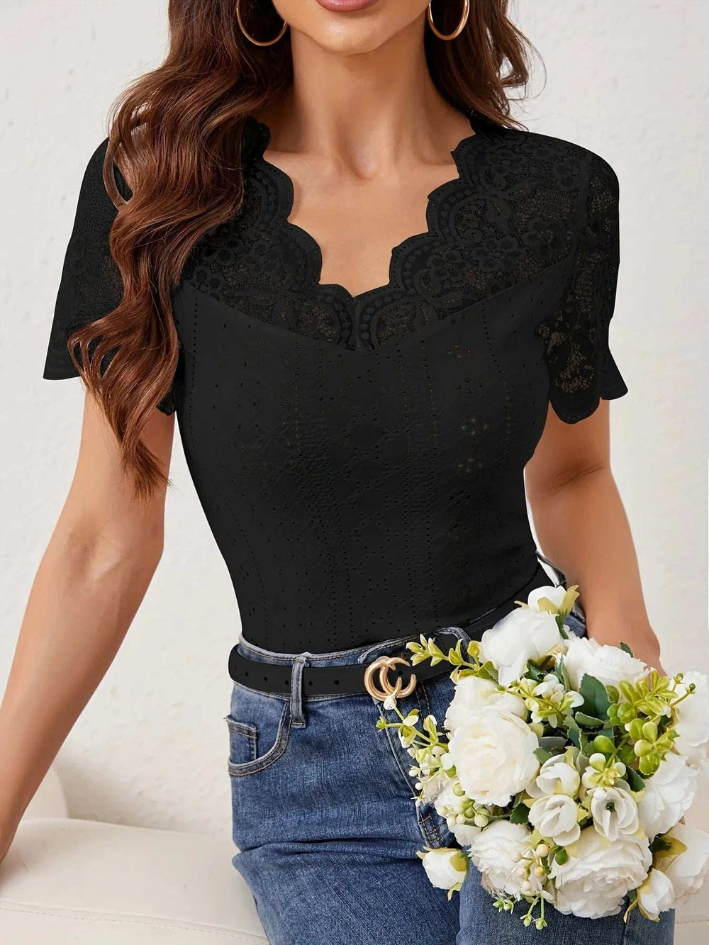 Lace Trim Eyelet Embroidered Summer T-Shirt - Trendsi - Flyclothing LLC