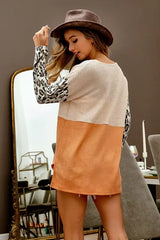 BiBi Color Block Leopard V Neck Knit Top - Trendsi - Flyclothing LLC