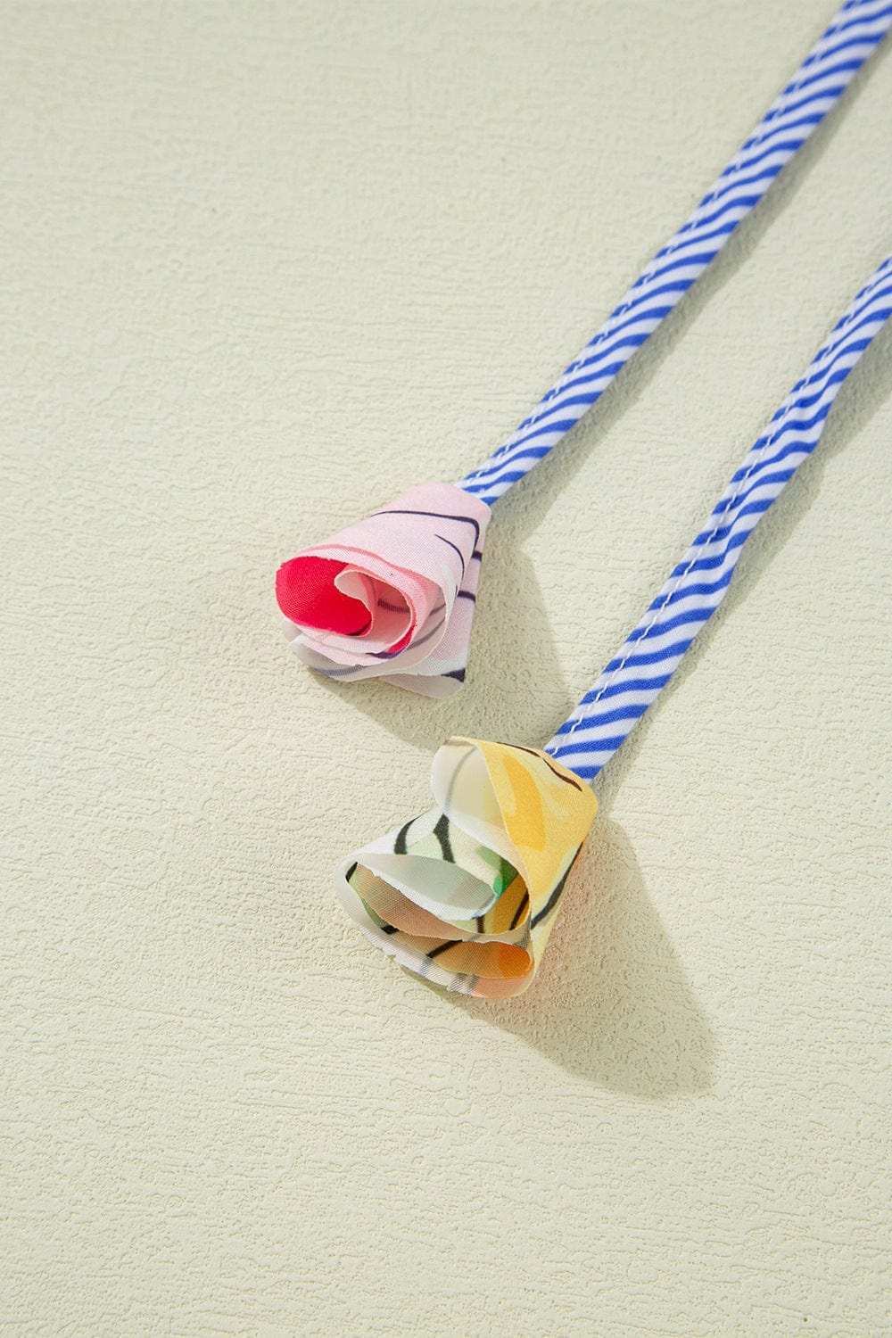 Floral Striped Yoke Frilled Tie Neck Puff Short Sleeve Blouse - Trendsi - Flyclothing LLC