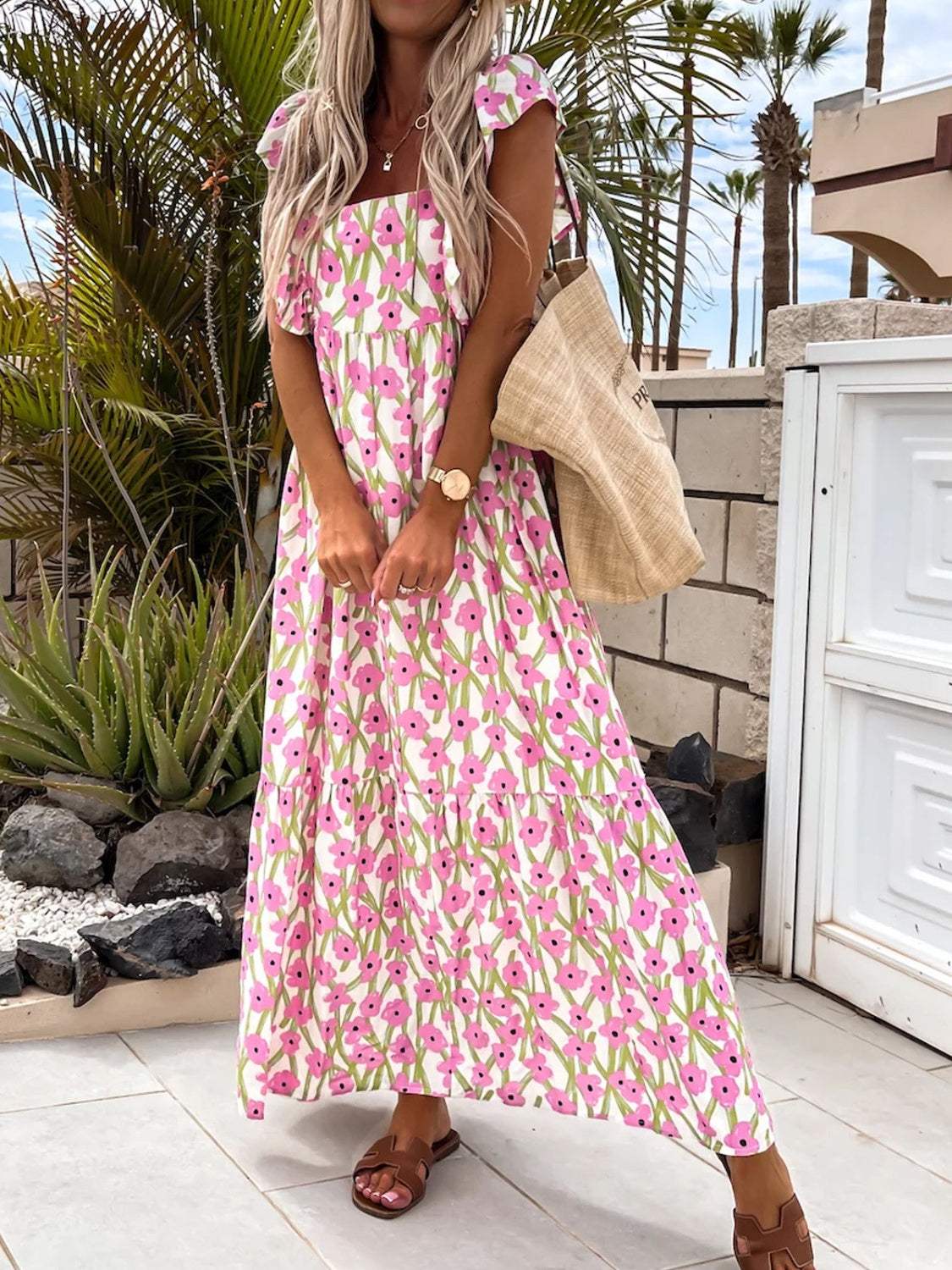Ruffled Printed Cap Sleeve Midi Dress - Trendsi - Flyclothing LLC