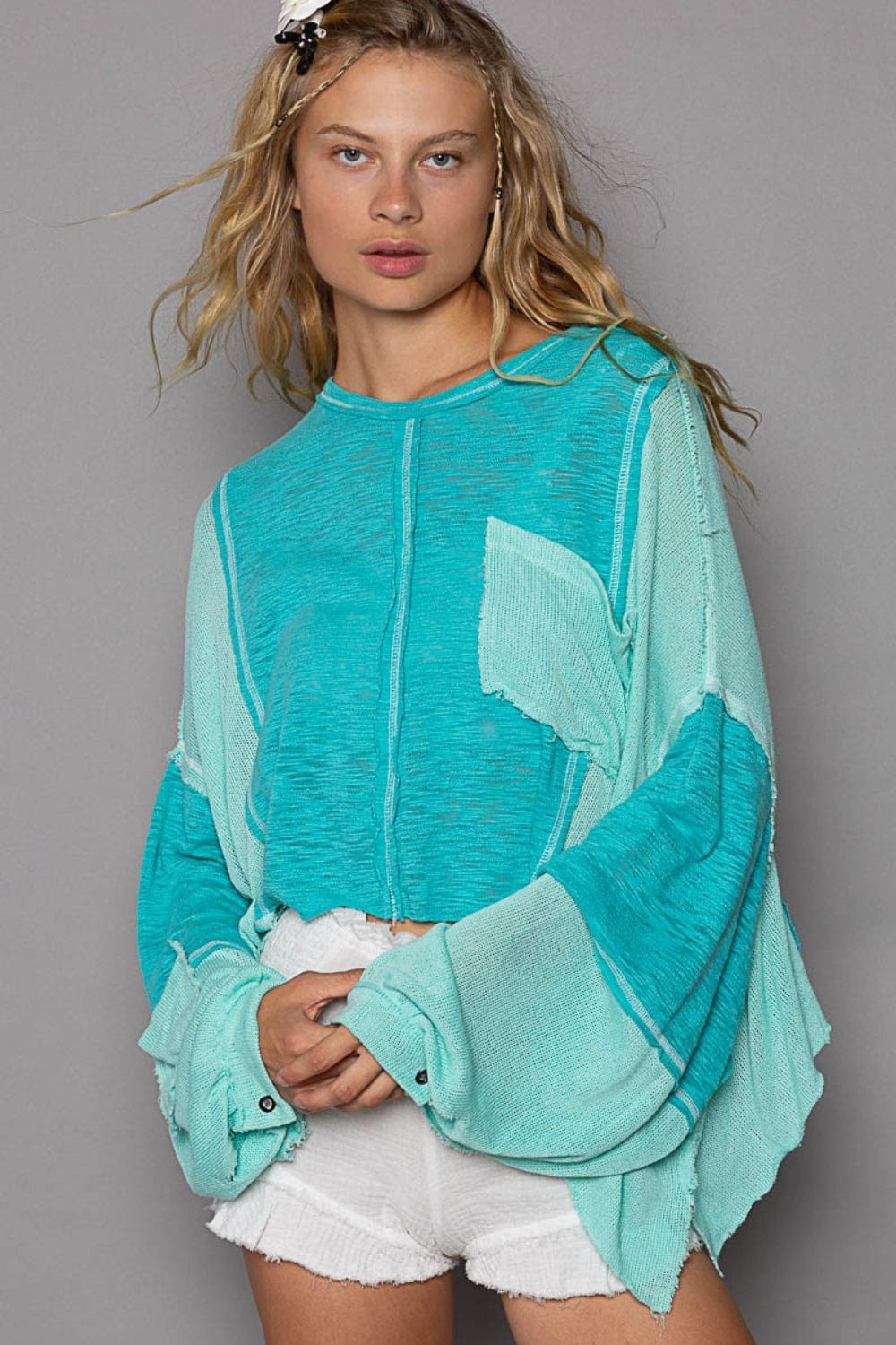POL Round Neck Contrast High-Low Top - Trendsi