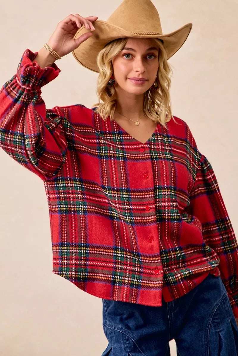 BiBi Christmas Plaid V-Neck Flounce Sleeve Jacket - Trendsi - Flyclothing LLC