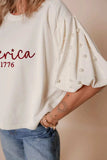AMERICA EST 1776 Embroidered Pearl Beaded Sleeve T Shirt - Trendsi - Flyclothing LLC