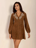 Notched Button Down Long Sleeve Mini Dress - Trendsi - Flyclothing LLC