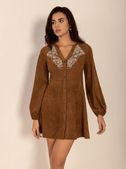 Notched Button Down Long Sleeve Mini Dress - Trendsi