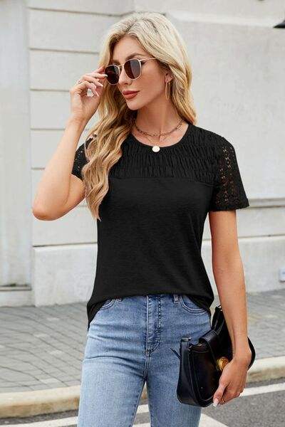 Smocked Round Neck Short Sleeve T-Shirt - Trendsi - Flyclothing LLC