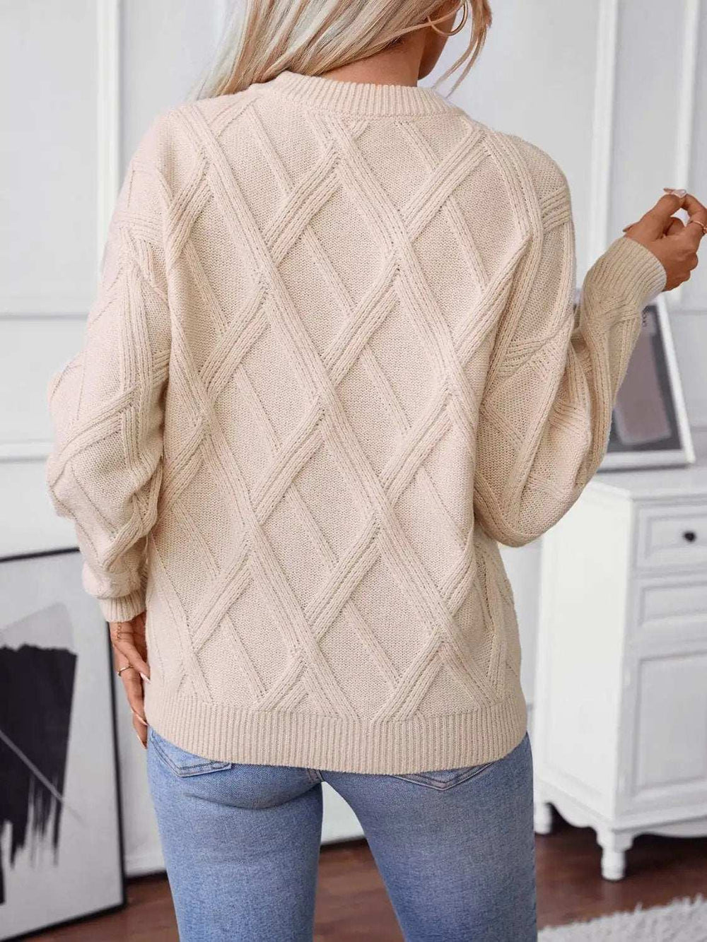Geometric Round Neck Long Sleeve Sweater - Trendsi - Flyclothing LLC