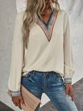 Contrast V-Neck Long Sleeve Blouse - Trendsi