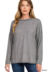 Zenana Soft Melange Hacci Round-Neck Long Sleeve T-Shirt - Trendsi - Flyclothing LLC