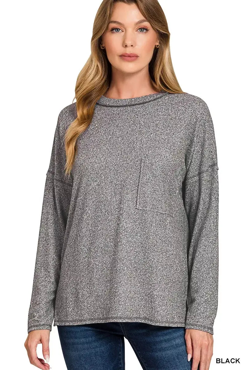 Zenana Soft Melange Hacci Round-Neck Long Sleeve T-Shirt - Trendsi - Flyclothing LLC