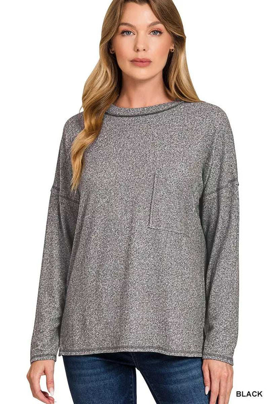 Zenana Soft Melange Hacci Round-Neck Long Sleeve T-Shirt - Trendsi - Flyclothing LLC