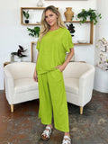 Double Take Full Size Texture Round Neck Short Sleeve T-Shirt and Wide Leg Pants - Trendsi - Flyclothing LLC