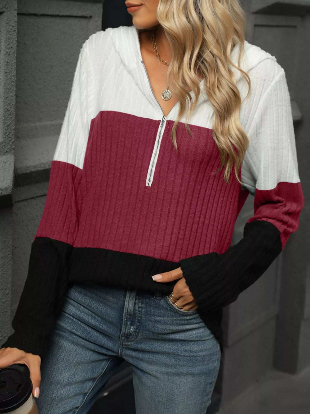 Color Block Half Zip Hooded Top - Trendsi - Flyclothing LLC