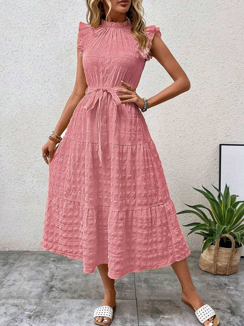 Tied Ruffled Cap Sleeve Midi Dress - Trendsi - Flyclothing LLC
