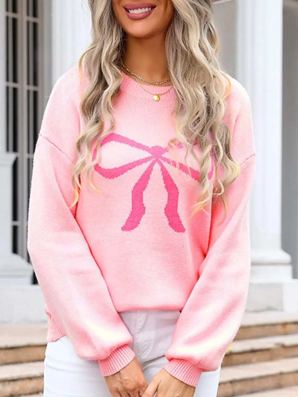 Bow Graphic Round Neck Long Sleeve Sweater - Trendsi - Flyclothing LLC