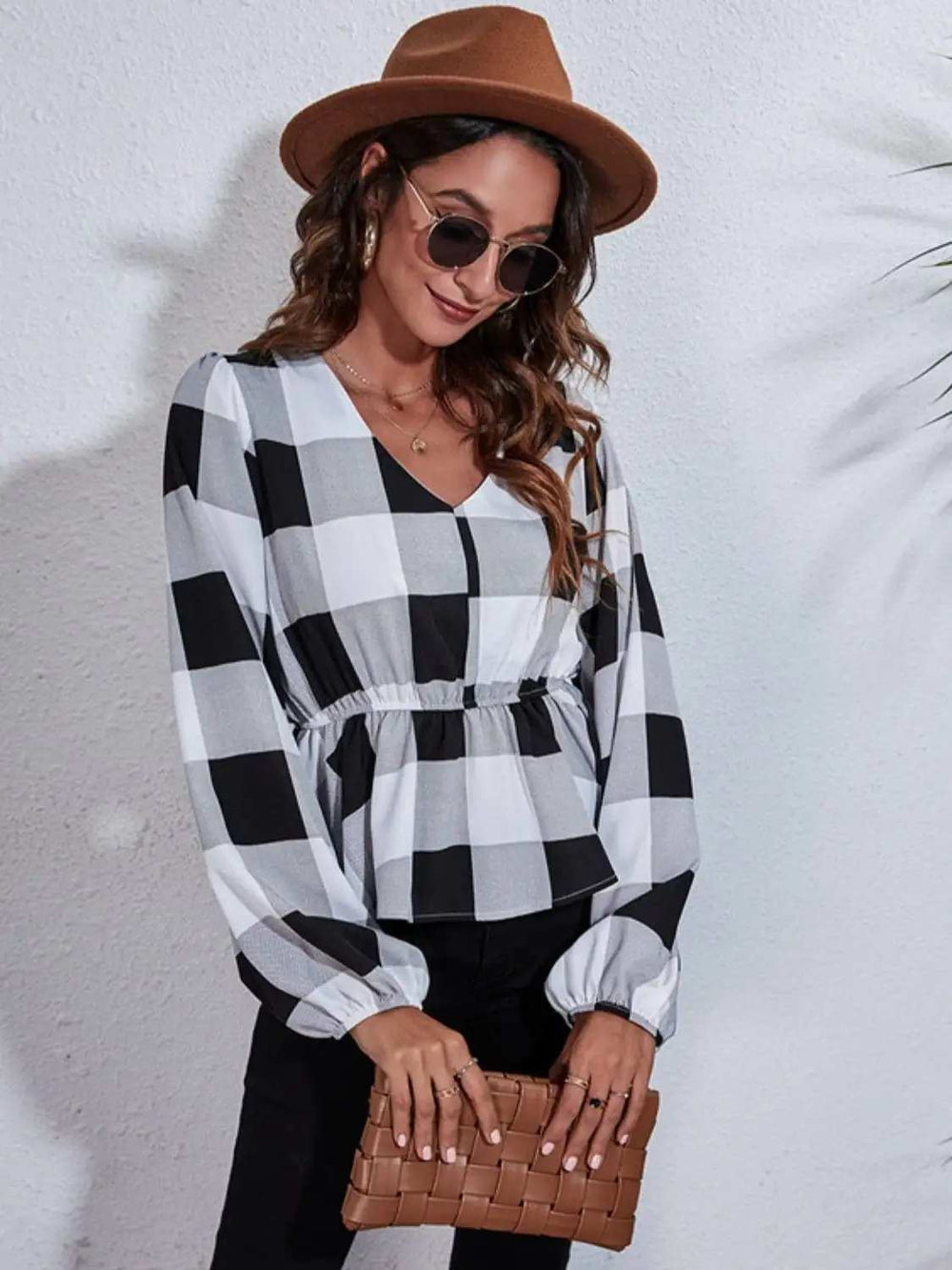 Ruched Printed V-Neck Long Sleeve Blouse - Trendsi - Flyclothing LLC