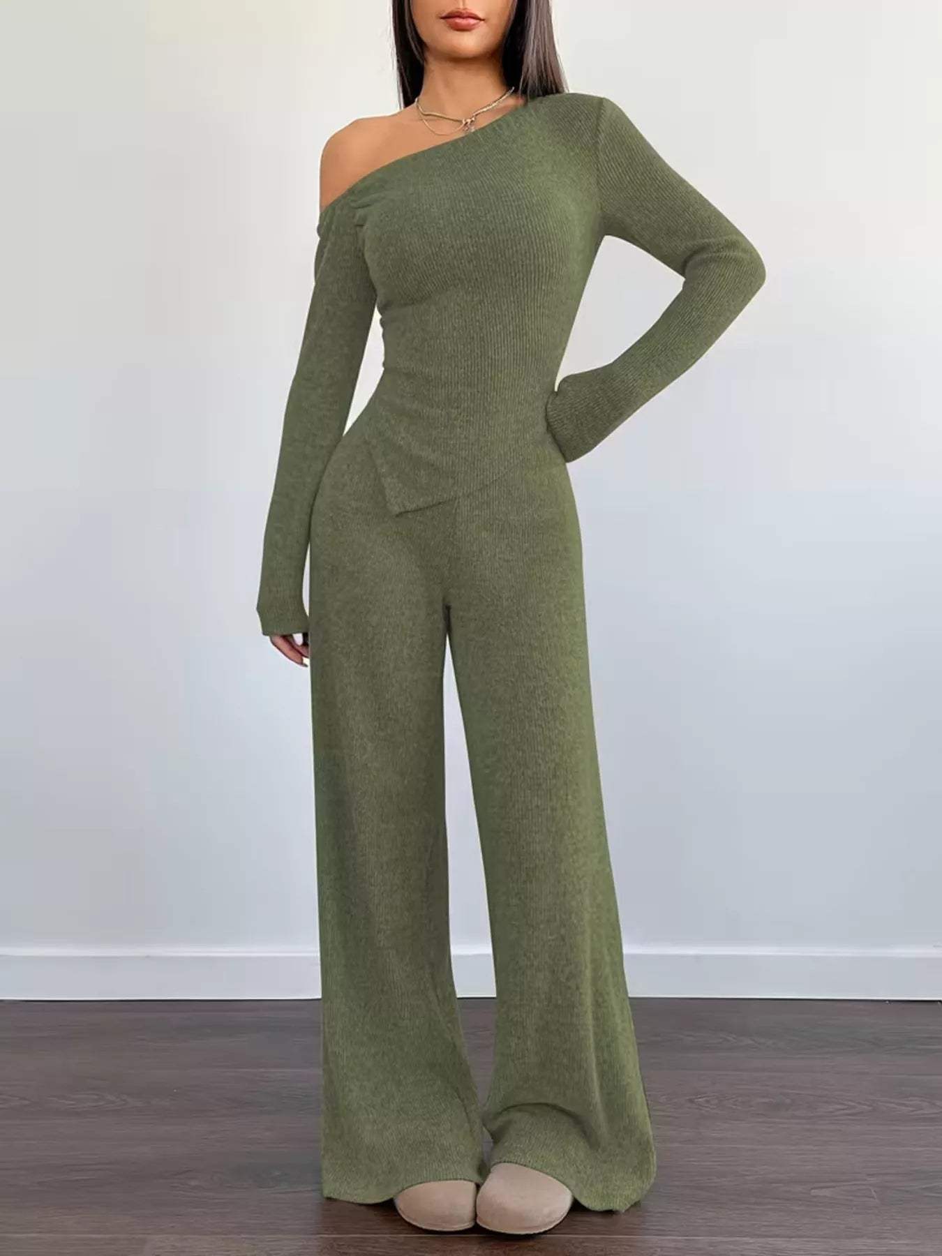 Chic One-Shoulder Asymmetrical Top and Wide-Leg Pants Set - Trendsi - Flyclothing LLC