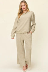Double Take Full Size Texture Long Sleeve Top and Pants Set - Trendsi - Flyclothing LLC
