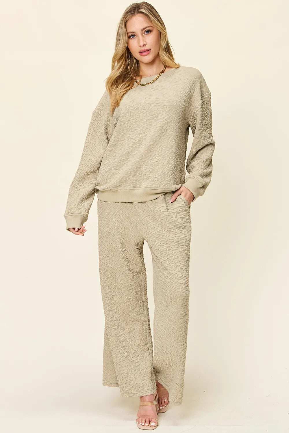 Double Take Full Size Texture Long Sleeve Top and Pants Set - Trendsi - Flyclothing LLC