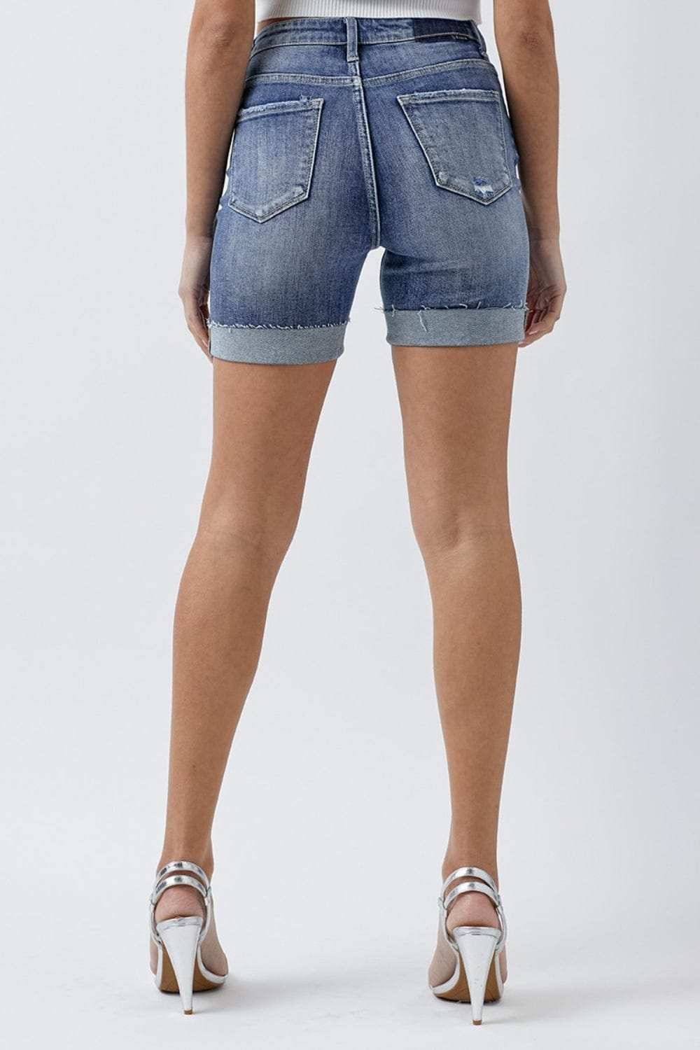 RISEN Full Size Distressed Rolled Denim Shorts with Pockets - Trendsi - Flyclothing LLC